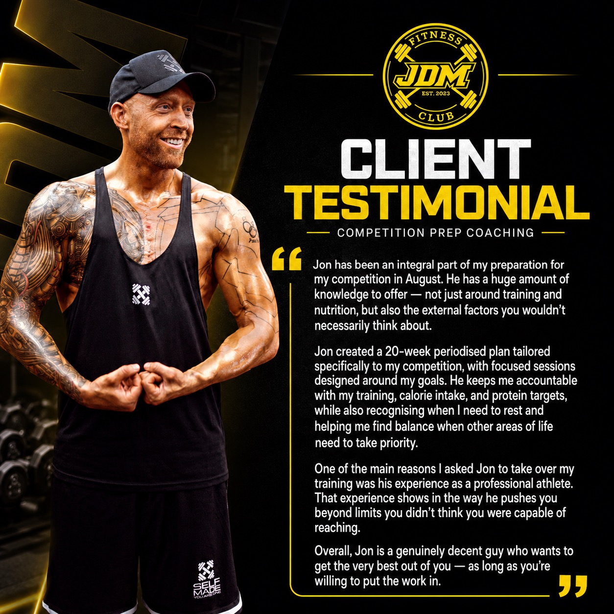 Alternate competition prep coaching client testimonial graphic for JDM Fitness Club