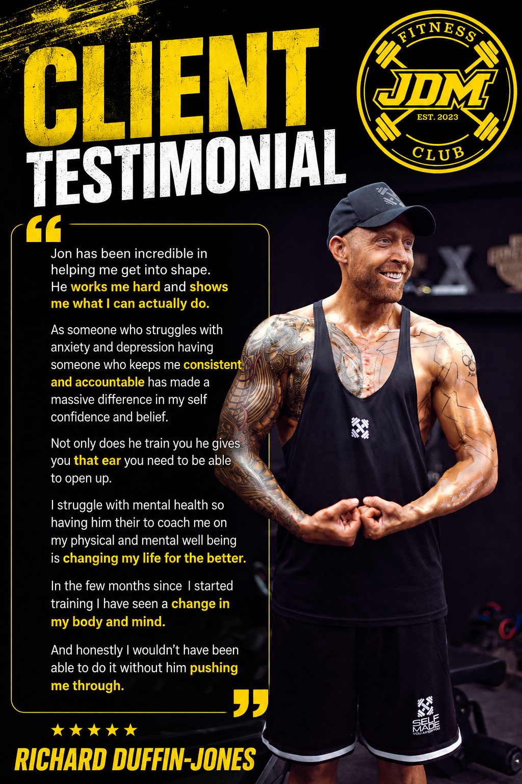 Alternate client testimonial graphic from Richard Duffin-Jones for JDM Fitness Club