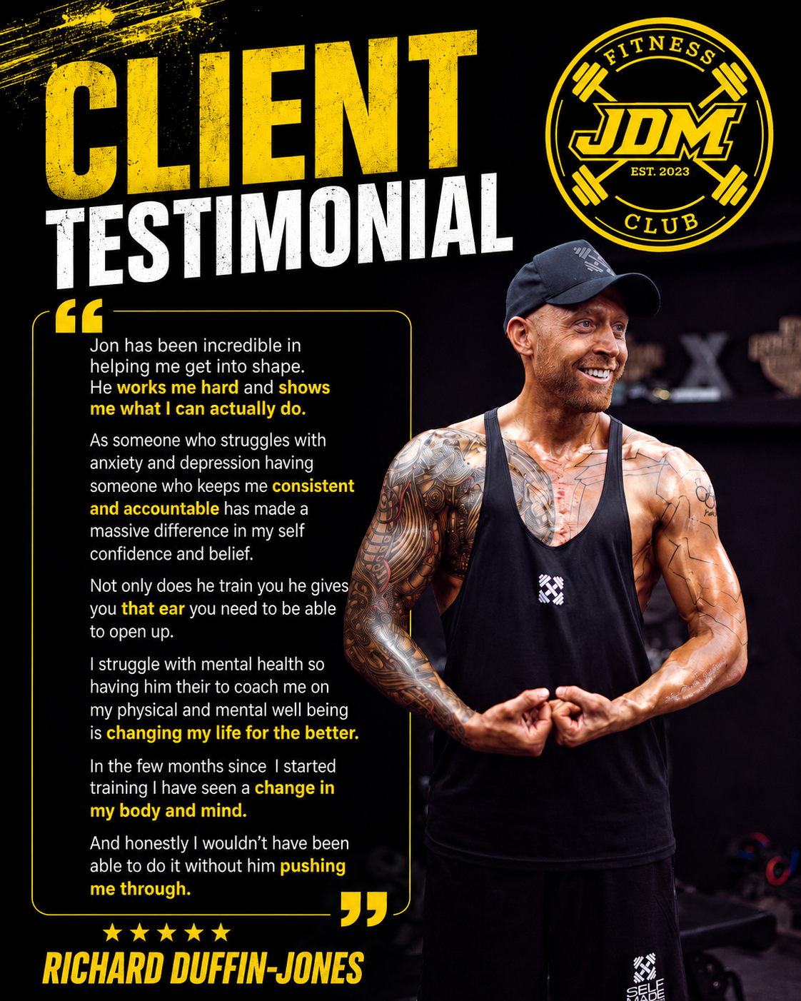 Client testimonial graphic from Richard Duffin-Jones for JDM Fitness Club