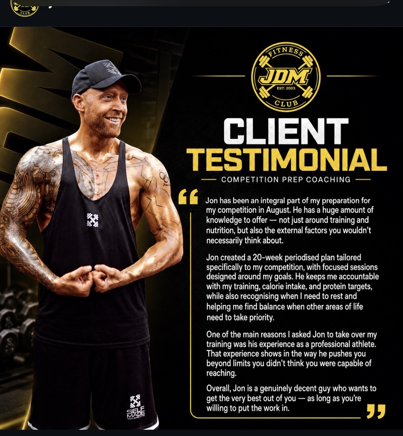 Competition prep coaching client testimonial graphic for JDM Fitness Club