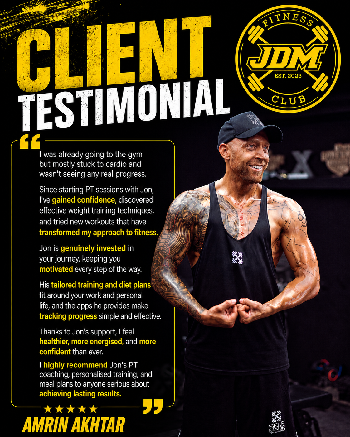 Client testimonial graphic from Amrin Akhtar for JDM Fitness Club