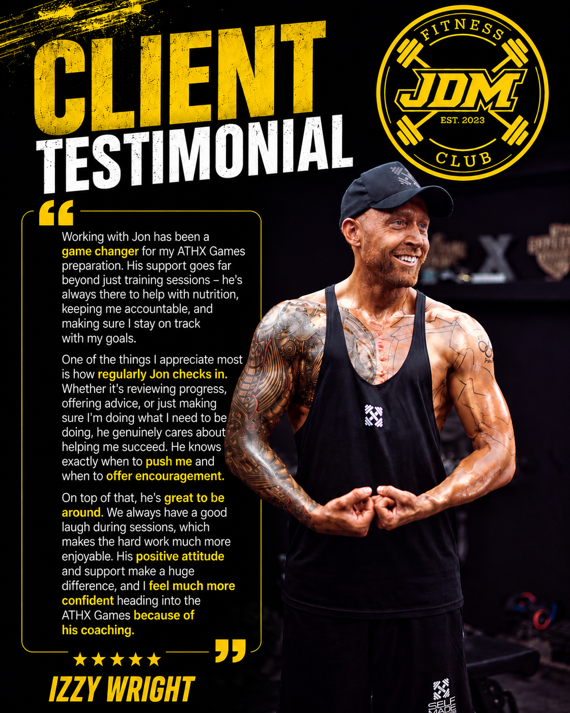Client testimonial graphic from Izzy Wright for JDM Fitness Club