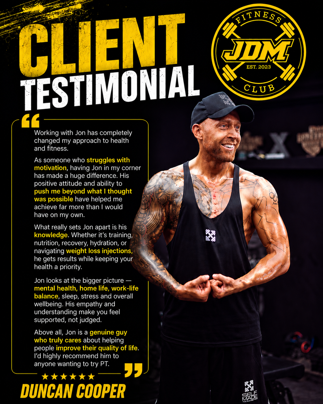 Client testimonial graphic from Duncan Cooper for JDM Fitness Club